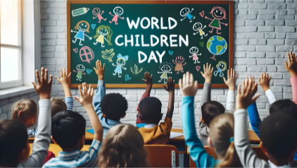 World Children Day - children raising hands in classroom